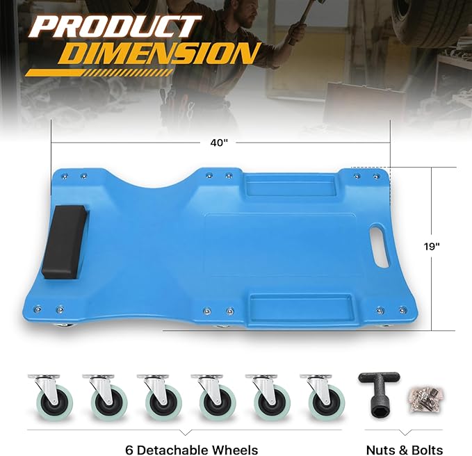 Magshion Automotive Creeper Under Car Roller, 40 Inch Low Profile Creepers with Padded Headrest and Tool Tray, 330 lbs Capacity Portable Floor Creeper for Home Garage Automotive Shop (Blue)