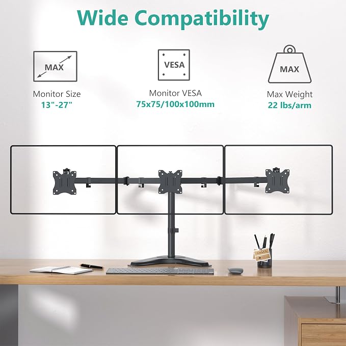 WALI Free Standing Triple Monitor Mount, Heavy Duty Triple Monitors Stand for 13-27 inch Screens, Adjustable 3 Monitor Arm Desk Mount with Swivel, Tilt, Rotation, Grommet Base (MF003N), Black