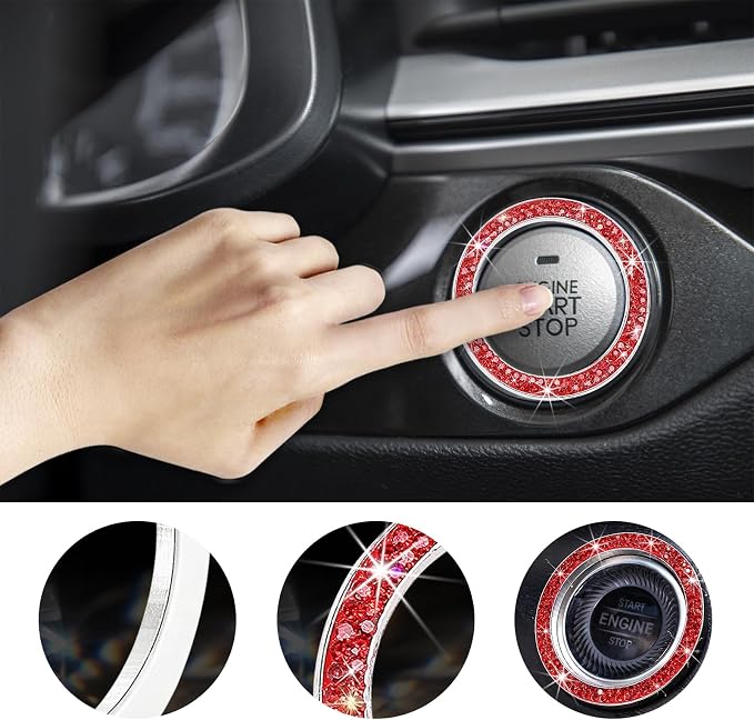 Kewucn 2 PCS Bling Crystal Double Rhinestone Car Engine Start Decoration Ring, Sparkling Push Start Button Sticker, Key Ignition & Knob Ring Decoration, Bling Car Interior Accessory(Red)