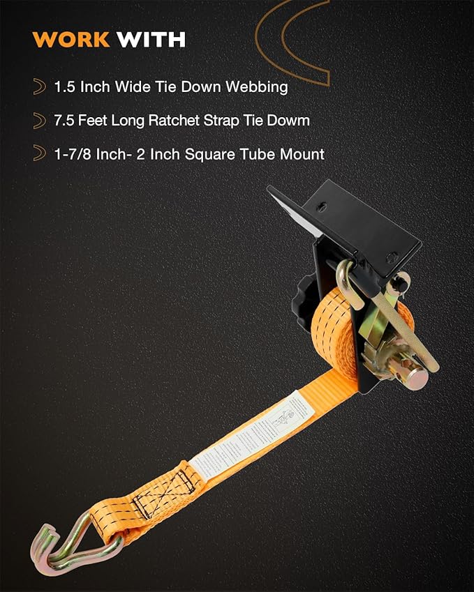 Ladder Rack Ratchet Straps, W/J-Hook (2PCS), 1.4" Black Square Tube Mount, 1.5" Wide x 7.5' Long, Orange Truck Rack Straps, 500 lbs Load Heavy Duty, Lumber Rack Ratchet Strap, Pipe/Roof Rack Strap