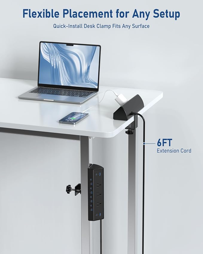 Jgstkcity 130W Desk Clamp Power Strip, 12 USB Ports (6 PD 65W USB-C),Surge Protector,ETL Listed Power Hub Extension Cord,Fast Charging Station for Home Office Desk Edge Mount (Black, 12 USB-130W)
