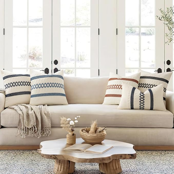 MIULEE Set of 2 Blue Boho Decorative Lumbar Pillow Covers 12x20 Inch | Farmhouse Coastal, Couch Throw Pillows, Modern Cushion Covers, Macrame Woven Spring Decor for Bed Sofa Chair