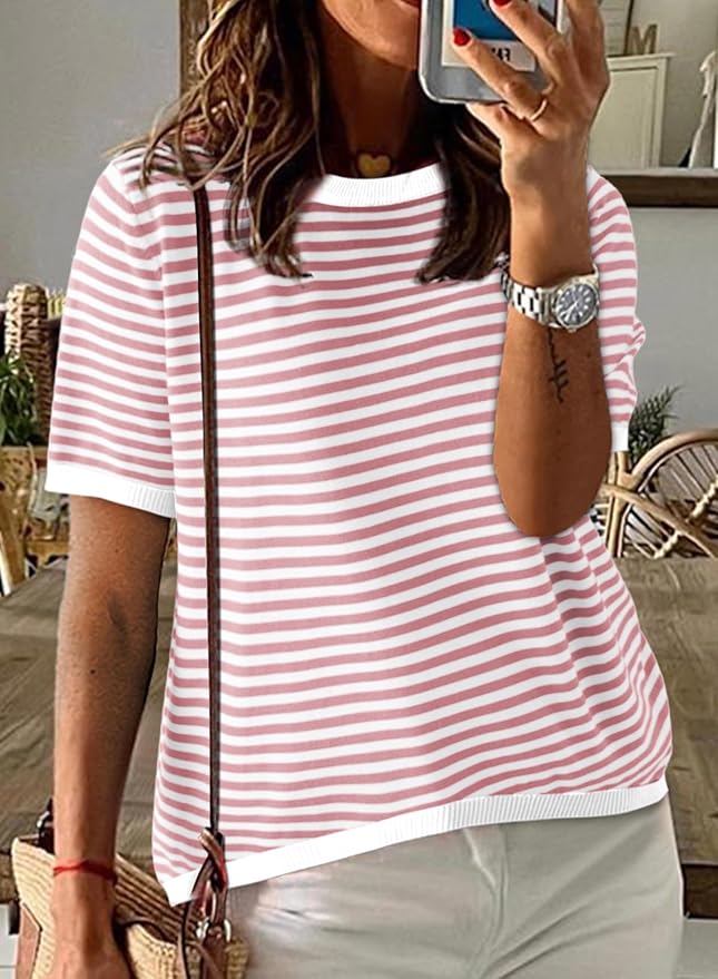 Dokotoo Womens Tops 2026 Casual Summer Crewneck Short Sleeve Striped Color Block Knit High Low Trendy Pullover Sweaters