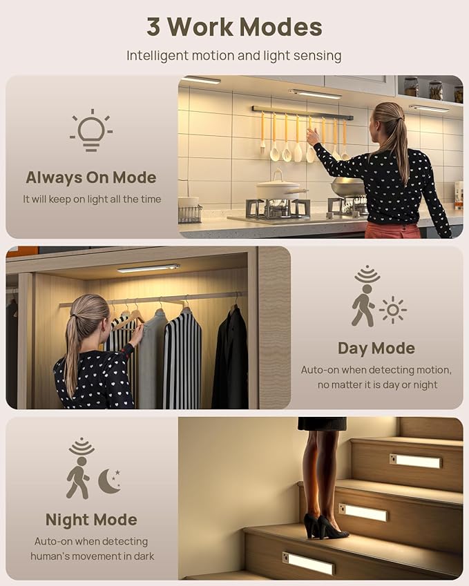 Under Cabinet Lights with Remote Control,12 inch Rechargeable 2500mAh Battery 350 Lumen Motion Sensor Indoor Light,3Pack Wireless Under Counter Light,3 Color Dimmable for Kitchen,Wardrobe,Closet
