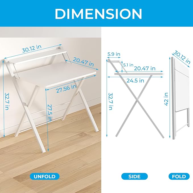 GreenForest Folding Desk No Assembly Required Large Size, 2-Tier Foldable Computer Desk with Shelf for Home Office, Space Saving Portable Laptop Study Foldable Table for Bedroom, White | Portable Foldable Table for Laptop, 2-Tier Compact with Shelf, Sp...