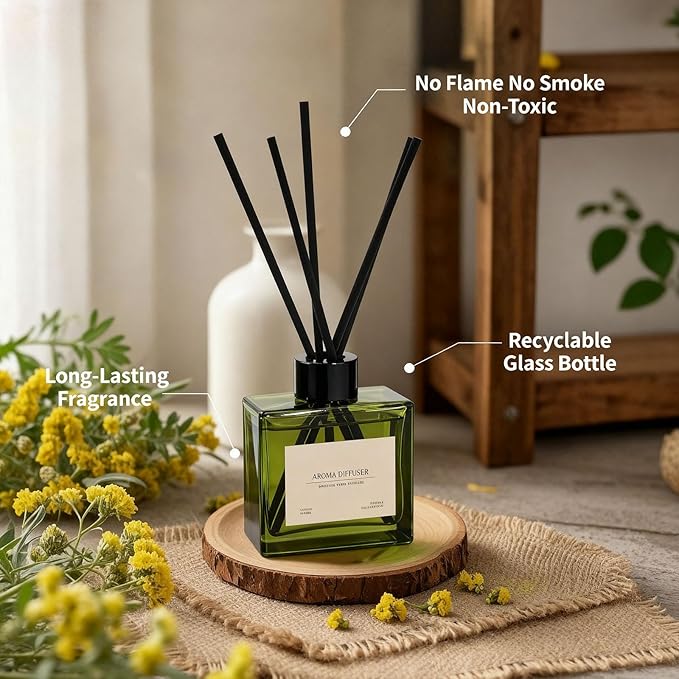 Reed Diffuser, 4 oz Earthy Sandalwood Scent Diffuser with 7 Sticks, Long Lasting Reed diffusers for Home, Elegant Fragrance for Bathroom Bedroom Office Decor, Air Fresh