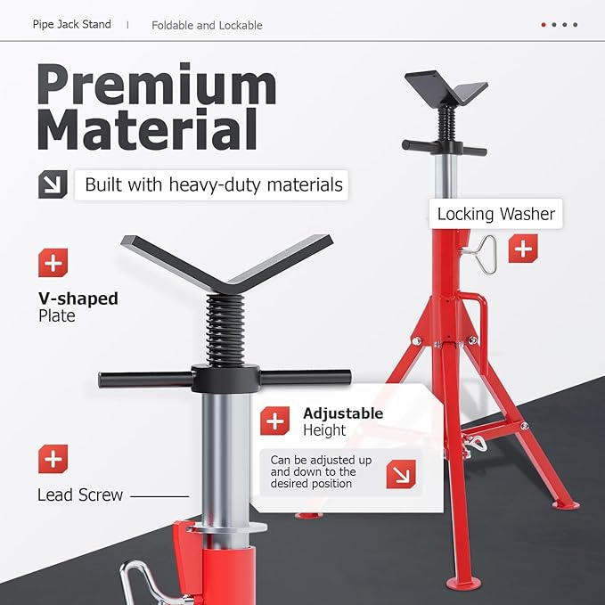 ECOTRIC V-Head Jack Stand Adjustable Height 28"-52" Folding Pipe Stand 2500 lbs Load Capacity Portable Stability Stand Steel Red