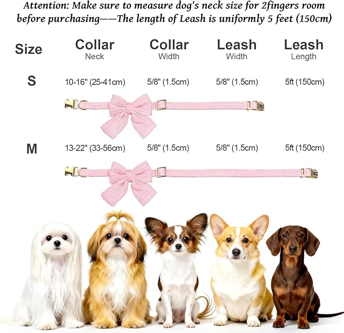 Dog Collar and Leash Set with Bowtie, Girl Dog Collars Metal Buckle Adjustable for Small Medium Dogs (Blue, M: Neck 13"-22" Leash 5 FT)