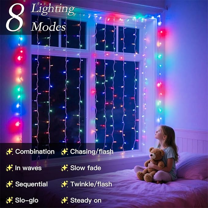 200 LED Rainbow Curtain String Lights 9.8 * 6.6FT Plug in Fairy with Timer and 8 Modes, Waterproof Window Wall Lights for Bedroom Wedding Party Indoor Outdoor Christmas Decor