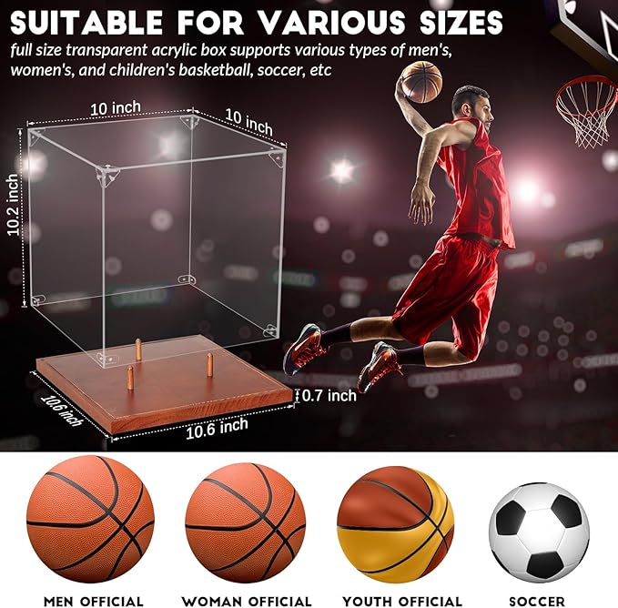 JupDec Basketball Display Case Acrylic Clear 10" Full Size with Solid Wood Base, UV Protected Soccer Display Stand Box for Autographed Standard NBA WNBA Ball Memorabilia Keepsake Ideal Gift Athlete