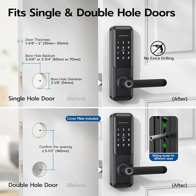 Nyboer Smart Keypad Door Lock with Handle for Front Door | 7 in 1 Keyless Entry with Fingerprint, Easy DIY Install, Remote & Voice Control, Auto-Lock, Ideal for Lockset Replacement