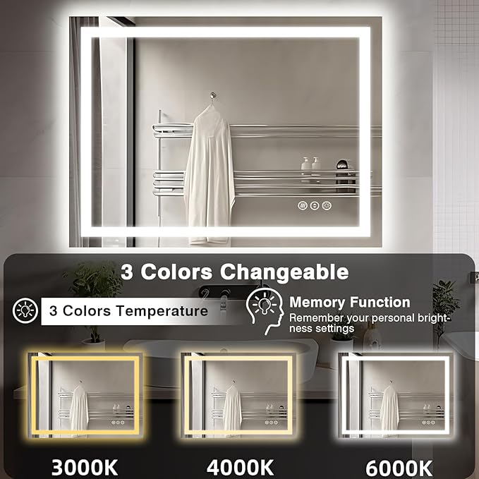 40"x30" LED Lights Bathroom Mirror with Front Lit and Backlit, Anti-Fog Vanity Mirror with Lights, Stepless Dimmable Lighted Mirror, 3 Colors Smart Mirror (Horizontal/Vertical)