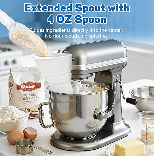 No-Mess Flour Funnel for Kitchen Aid Mixer Set with Scoop, Extended Mouth Foldable Flour Funnel for Kitchenaid Stand Mixer Attachments for 4.5-7 Quart KSM150, Dishwasher Safe Pouring Chute