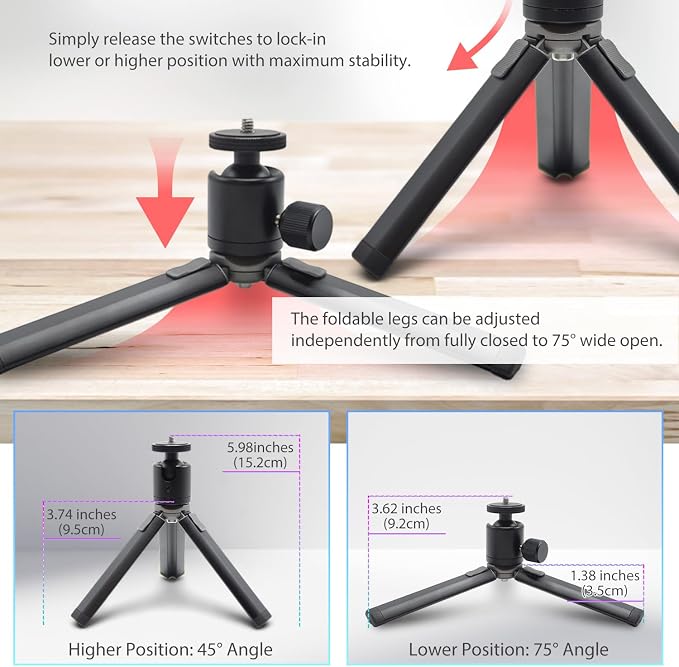 Kado Metal Portable Monitor Stand Tripod, Phone/Tablet Clamp for Desk | 100x100mm 75x75mm Wall/Arm Mount Clamping, 360° Ball Head and 1/4" Screw Compact for Phone, Tablet, Projector, Camera, Webcam
