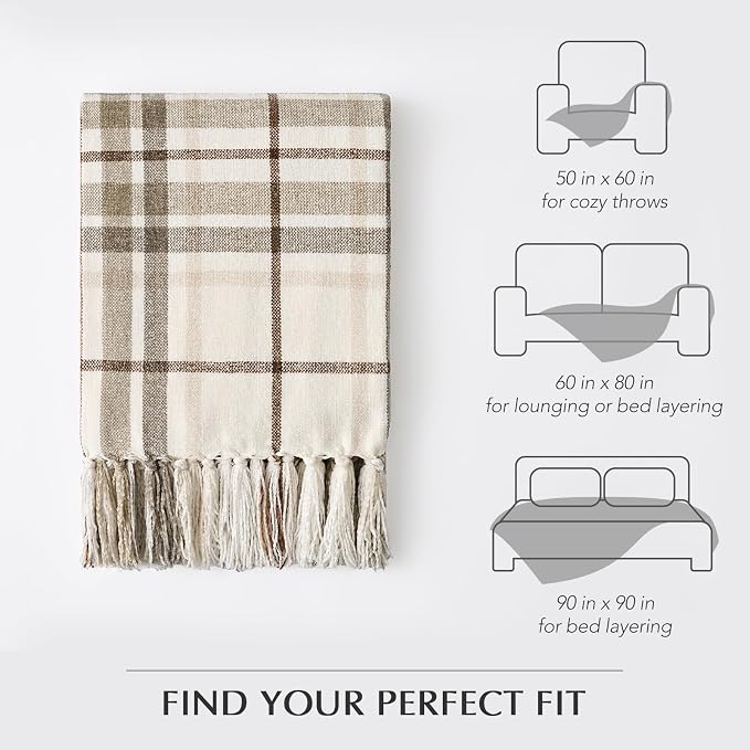 Plaid Chenille Queen Blanket for Bed, 90"x90", Beige | Super Soft Knit Throw with Tassels, Cozy, Decorative Farmhouse Plaid, Lightweight Blanket Queen Size for Couch Sofa Gift
