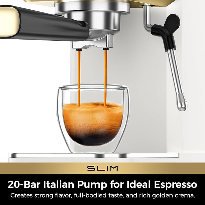 CHULUX Slim Espresso Machine with Milk Frother for Home Latte, White & Gold | Precise Pressure Gauge, Food-Grade Materials, 20 Bar Italian Pump, Professional Temperature Control System, Stainless Steel
