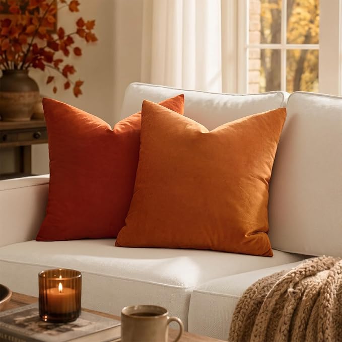 MIULEE Velvet Fall Throw Pillow Covers 12x12 Inch Pack of 2 Orange | Soft Solid Small Decorative Pillow Covers, Modern Luxury Home Decor, for Couch Chair Sofa Bedroom Livingroom Car