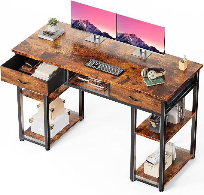 DUMOS 48-Inch Computer Desk with Drawers, Hook and Side Bag, Brown | Home Office Desk for Bedroom, Gaming Writing Study Desk with Adjustable Feet