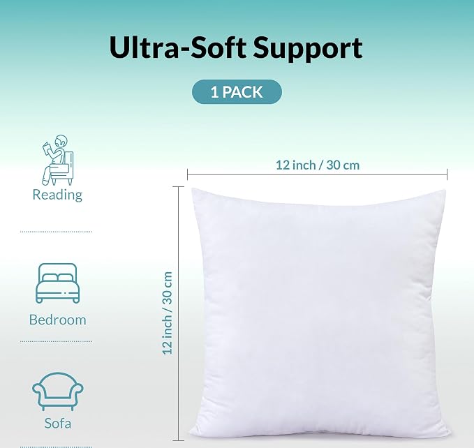 ROYALE LINENS 12 x 12 Pillow Insert - Down Alternative Throw Pillows Insert - Square Pillow Pack of 1 White - Bed & Couch Pillows - Inner Cushion for Bed, Cushion for Living Room - Shams Stuffer