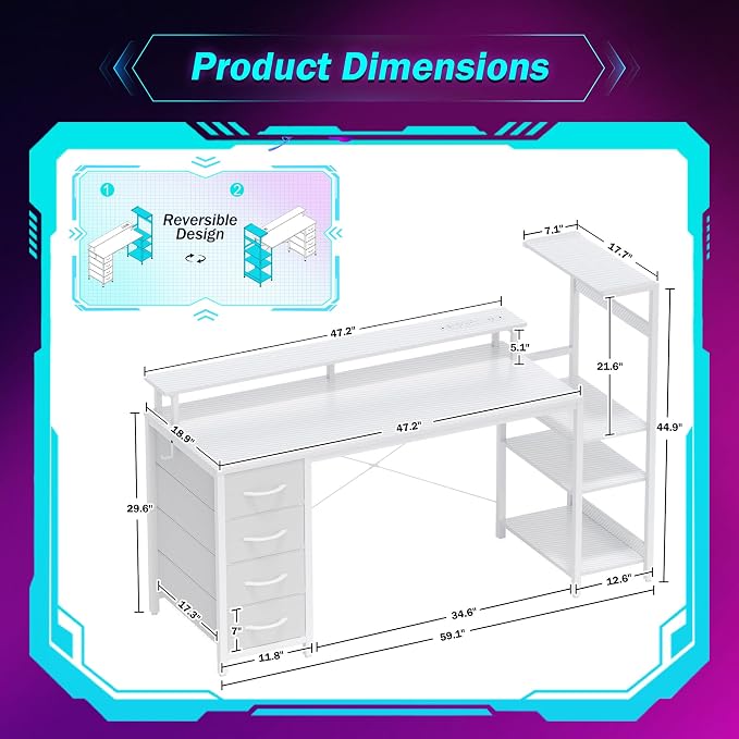 59 Inch Gaming Desk with Drawers & PC Tower Stand & LED Lights, White | Reversible, Monitor Shelf, Power Outlets, Carbon Fiber, Mesa Gamer, Computer Desk with Storage, Gaming Table for Home Office