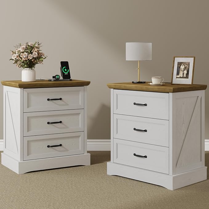 NightStand with Charging Station, Farmhouse 23.6" W Bedside Table with 4 Drawers, Night Stand for Bedroom, Home Office, White & Brown