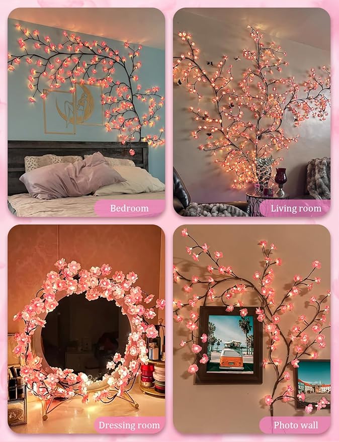 5.25 FT 72 LED Cherry Blossom Tree Branch Lights for Wall,8 Modes Artificial Pink Cherry Blossom Garland with Remote and Timer,Willow Vine Lights for Bedroom,Sakura Wall Decor
