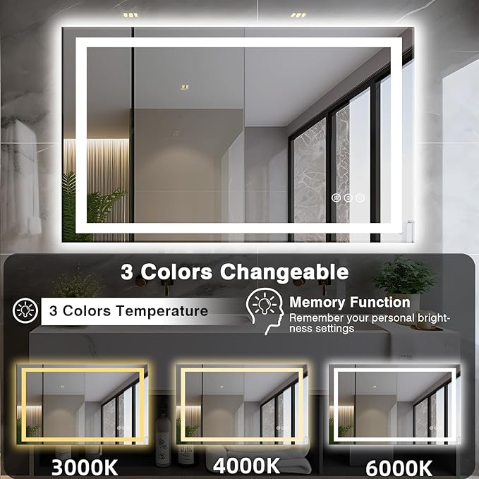 48"x30" LED Bathroom Mirror with Front & Backlit, Anti-Fog, Dimmable, Plugin/Hardwired, Shatterproof & Corrosion Proof, Wall Mount, Modern Style
