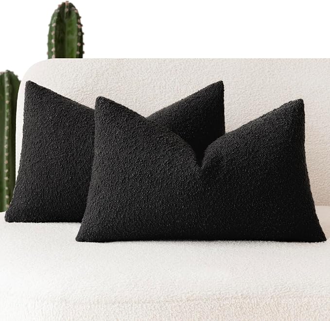Foindtower Set of 2, Decorative Textured Boucle Throw Pillow Covers Accent Solid Lumbar Pillow Cases Cozy Couch Cushion Case for Chair Sofa Bedroom Living Room Home Decor 12 x 20 Inch Black