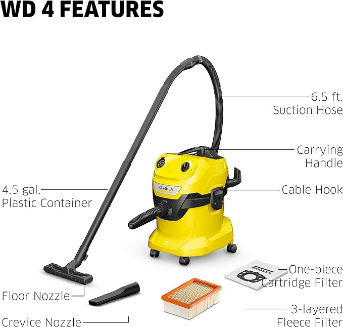 Kärcher Shop Vacuum WD 4, 5.3 Gal, 3.8 Peak HP, 33 ft Reach, Wet Dry Vacuum Cleaner, Heavy Duty, Blower Function, Crevice Tool, Floor Nozzle, Great for DIY Projects and Workshops