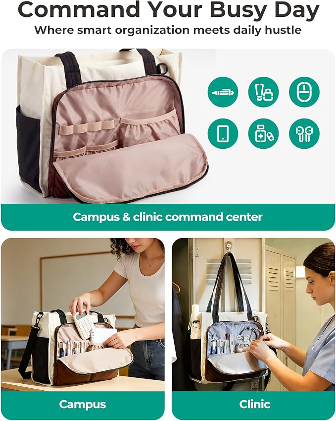 BAGSMART Small Tote Bag for Women, 13'' Laptop Canvas Work Bag with Zipper | 30oz/40oz Tumble & 11 Pockets Travel Tote, Teachers/Nurses, Lightweight Canvas or Water-Resistant Puffer Taslon Crossbody Bag
