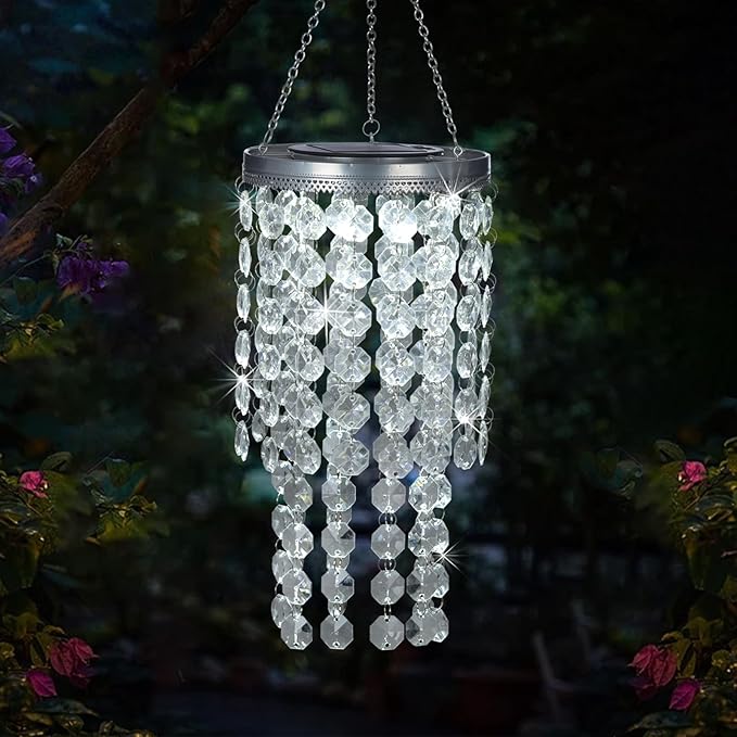 Hanging Solar Crystal Chandelier Outdoor, 21” Modern Solar Transparent Acrylic Beaded Lantern with Cool White LED S Hooks for Garden Yard Patio Gazebo Outside Decor