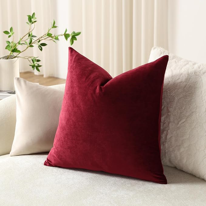 Throw Pillow Covers 18x18 Wine Red: Pack of 2 Cozy Soft Velvet Square Modern Luxury Decorative Throw Pillow Cases for Christmas Sofa Couch Living Room Bed Home Decor