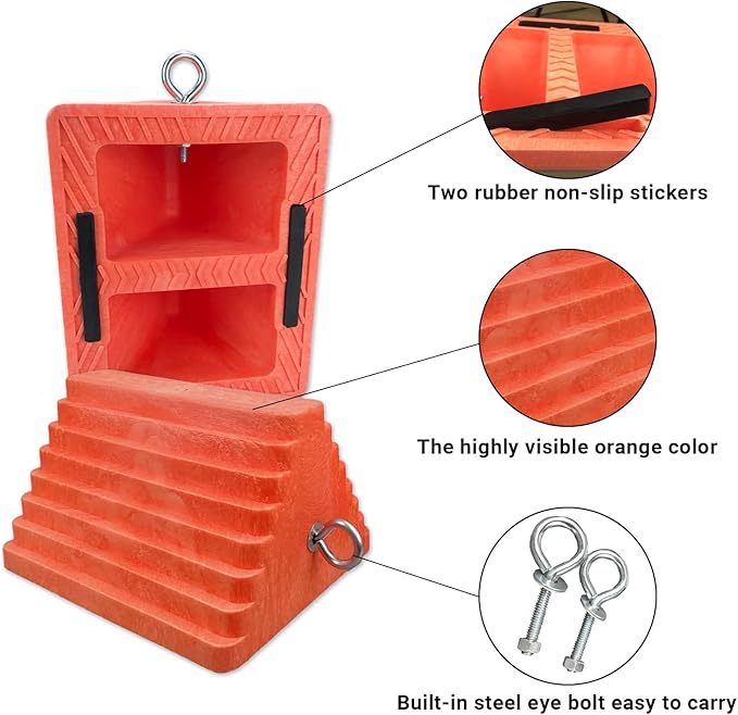 HOXWELL 2 Packs Wheel Chocks Heavy Duty Orange with Eyebolt, Vehicle Chock for Travel Trailers, Camper, Truck, Car and ATV, 9.1" Length x 7.1" Width x 5.5" Height