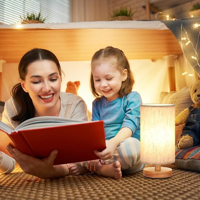 Fenmzee 9" Small Table Lamp for Bedroom - Inline Control with 3000K Blub | Cream Shade and Wood Base | 680 Lumens | Easy Assembly | Minimalist Design | E26 | for Kitchen | for Kids Room
