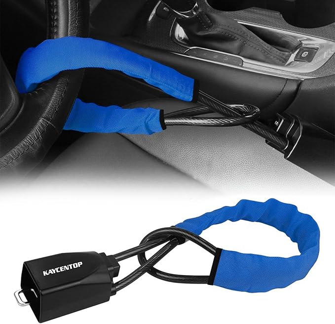 KAYCENTOP Car Steering Wheel Lock to Seat Belt Lock, Anti-Theft Device, Max 17 Inch Length, Small and Light-Weight, Multi-Functional, Fit Most Vehicle, SUV, Golf Cart Security (Blue)