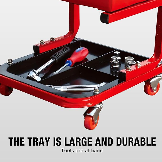 Big RED 250lb Red Rolling Automotive Creeper Garage/Shop Seat: Padded Mechanic Stool with Tool Large Tray Suitable for garages, Repair Shops