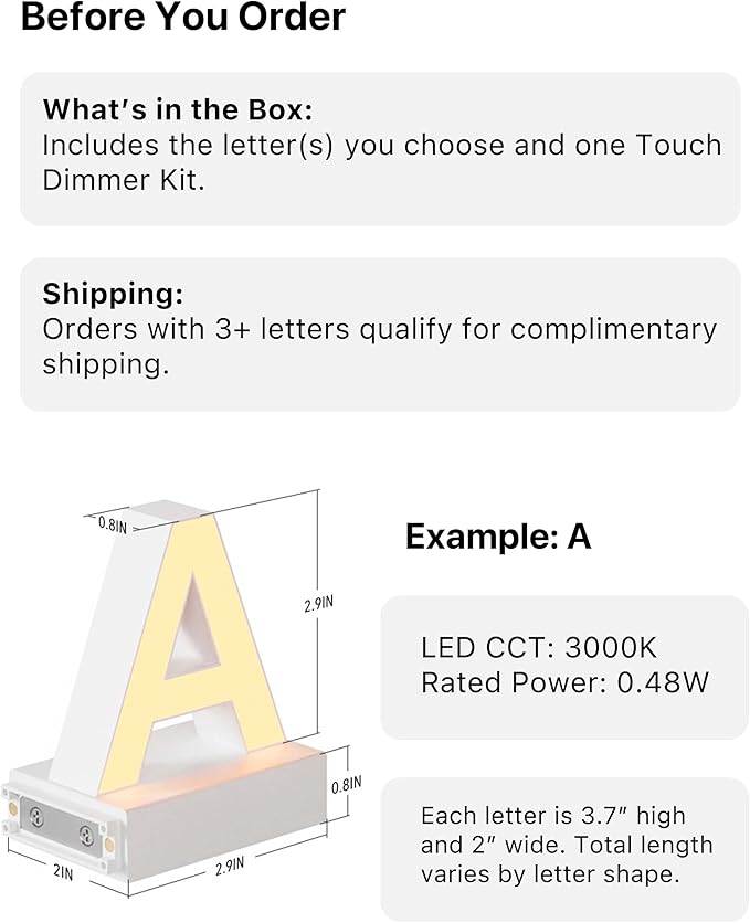 LED Magnetic Letter O, H 3.7" Light with Touch Control, White, Dimmable, Warm White 3000K