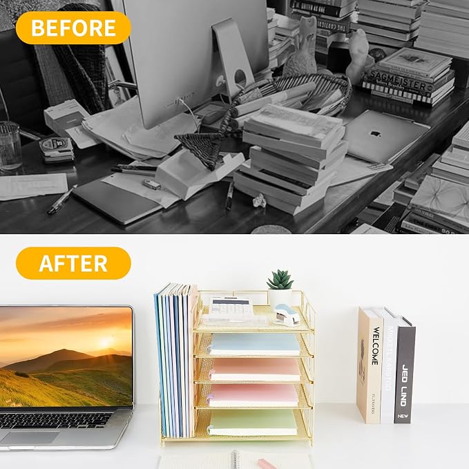 LEKETREE Desk Organizers and Accessories, 5-Tier Paper Letter Tray Organizer with File Holder, Desktop Organizer for Office Supplies (Gold)