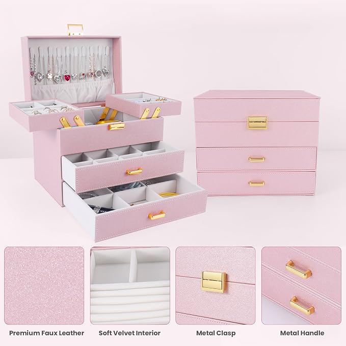 Jewelry Organizer Box, Large Jewelry Boxes for Girls, Space-Saving 4 Layers Jewelry Storage Case with Drawer, Gift for Women, Movable Metal Stand, Modern (Pink+ Gold)