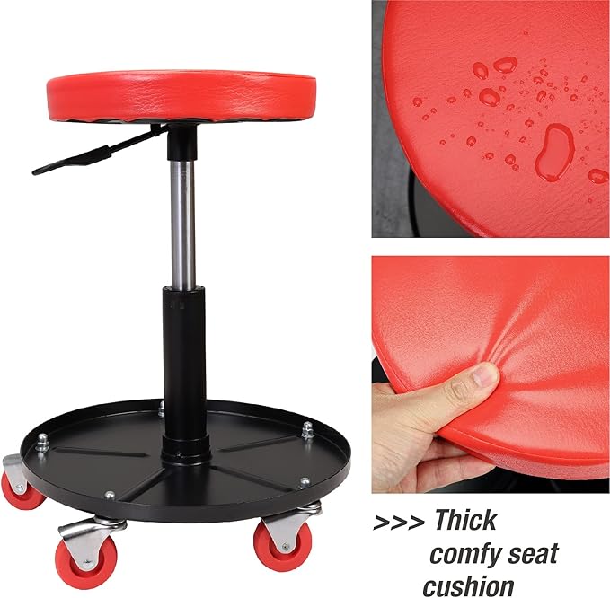 Torin ATRHL6201B Heavy Duty Rolling Pneumatic Creeper Garage/Shop Seat: Padded Adjustable Mechanic Stool with Tool Tray Storage, Red 250 LBS