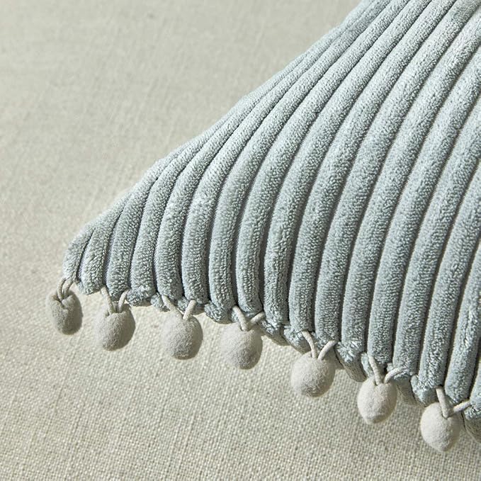 Fancy Homi Pack of 2 Farmhouse Decorative Throw Pillow Covers with Pom-poms, Soft Corduroy Accent Solid Square Cushion Case Set for Couch Sofa Bedroom Car Living Room (18x18 Inch/45x45 cm, Grey)