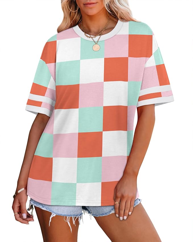 WIHOLL Womens T Shirts Loose Fit Short Sleeve Tees Crew Neck Color Block Summer Tops 2026 Fashion