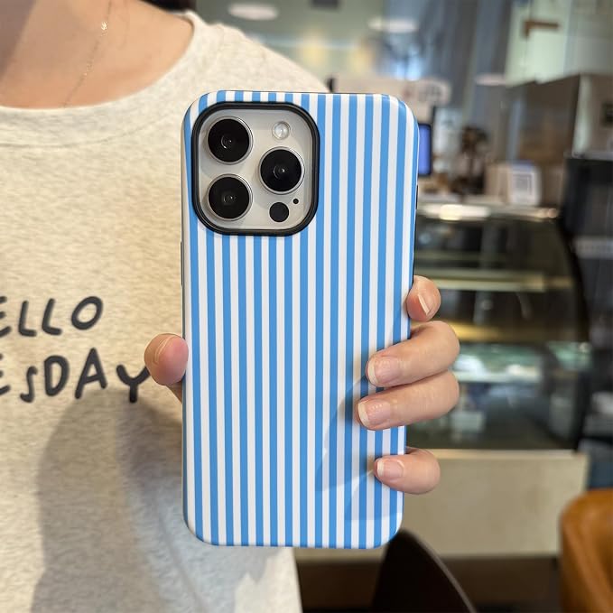 for iPhone 16 Pro Case Striped Cute Aesthetics Phone Case Trendy Protective Shockproof Cover for iPhone 16 Pro Blue White