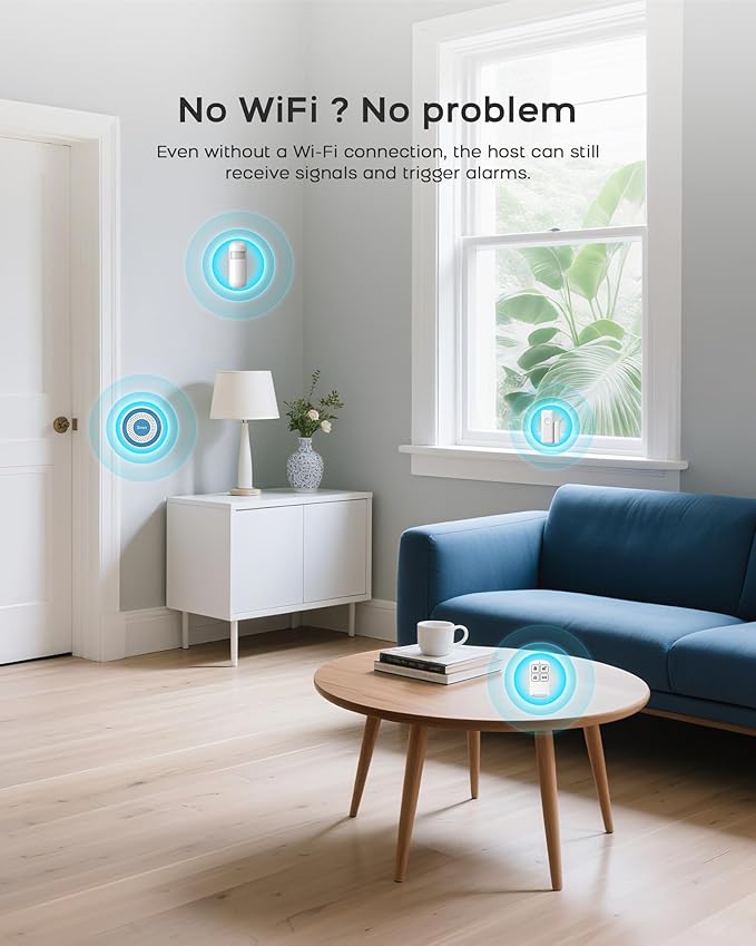 WiFi Door Alarm System, Wireless Alarm System 5 Piece Kit with Phone APP Alert Alarm Siren Door Window Sensor Motion Sensor Compatible with Alexa No Contract Ideal for Home