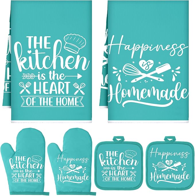 Sratte 6 Pcs Kitchen Decor Accessories Set Farmhouse Towels Pot Holders Oven Mitts Set 2 Dish Towels 2 Potholders 2 Cooking Mittens Oven Glove for Christmas Baking Cooking Supply(Light Teal,Kitchen)