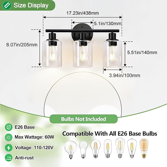 3-Light Bathroom Light Fixtures, 17.23" Black Modern Vanity Lights with Clear Glass Shade, Bathroom Wall Lamp for Mirror Kitchen Living Room Hallway Cabinet Porch