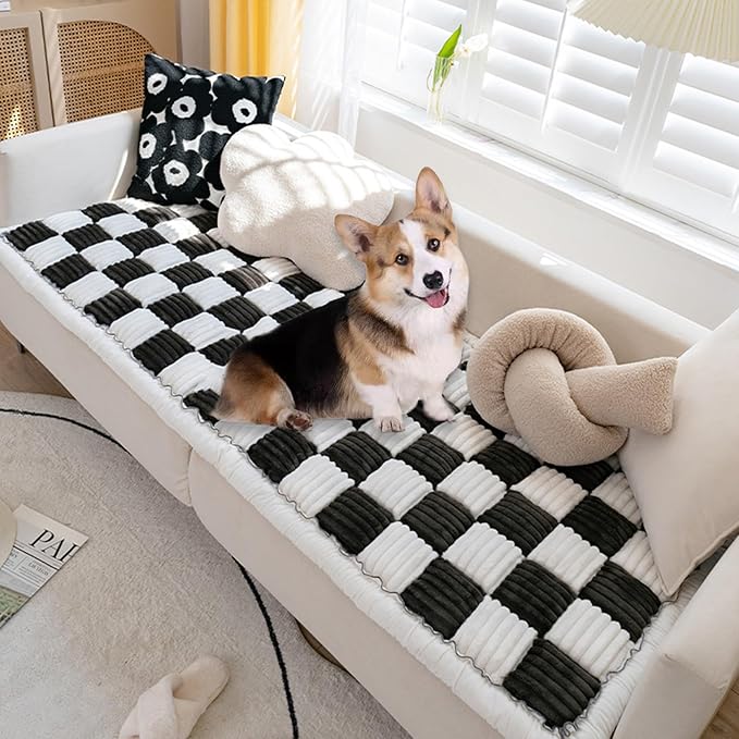 FunnyFuzzy Cream-Coloured Plaid Square Pet Mat Bed Couch Cover, Winter Thickened Dog Bed Cover Pet Blanket Sofa Couch Furniture Protector for Kids Dog Cat(Size:27.6 * 70.9 in,Color:Black)