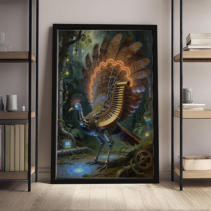 Framed Mechanical Fantasy Wall Art for Living Room TV Wall Vintage Steampunk Aesthetic Home Decor 24x36in