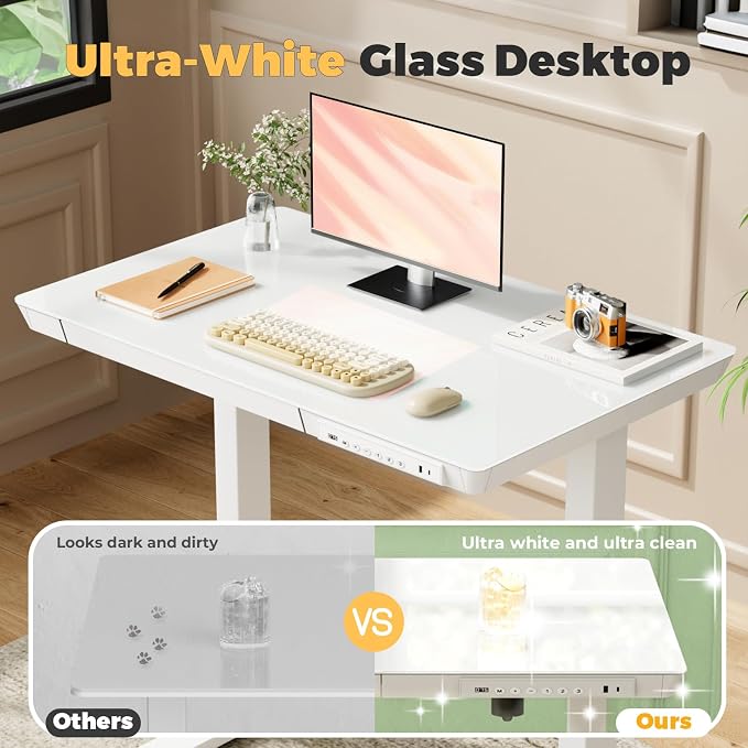 32" Glass Standing Desk with Drawer, Small Electric Desk | Height Adjustable Quick Install One-Piece Tabletop with USB Charging Ports, Sit Stand Computer Desk for Compact Space, White