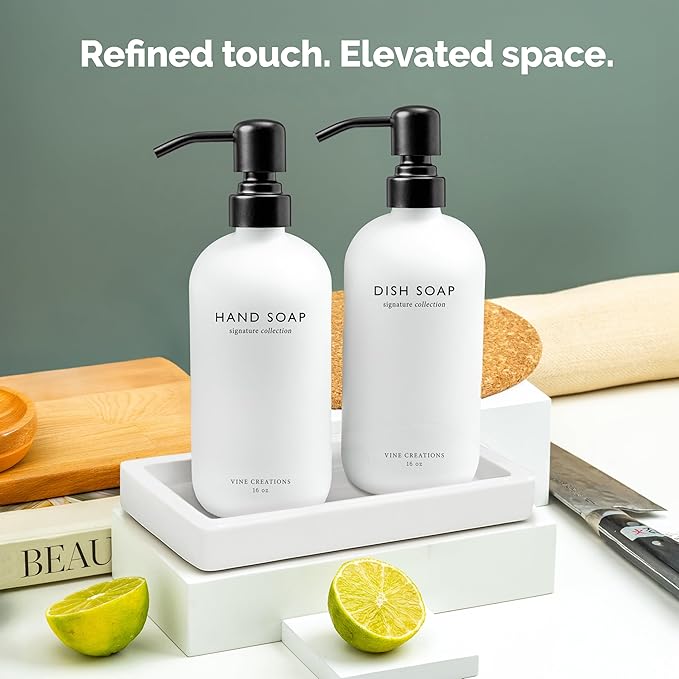Vine Creations Glass Soap Dispenser Set, Kitchen Soap Dispenser Set with Ceramic Tray, 16 oz Dish Soap and Hand Soap Dispenser Set with Stainless Steel Pump Decor (White Bottle/Matte Black)